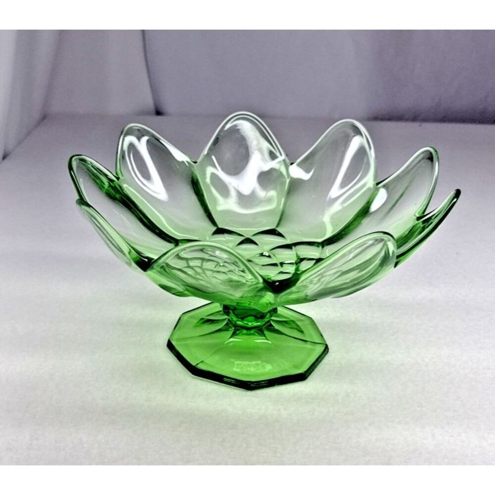 McKee Glass Colonial Lotus #1776 Green Uranium Glass 12.5" Footed Console Bowl